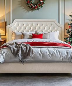 DWVO Full Size Bed Frame with Adjustable Headboard, Beige Linen Upholstered Platform Bed Frame with Nail Headboard, 12” Under-Bed Storage Low Profile Bed Frame No Box Spring Needed Hold up to 800lbs 2