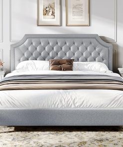 YITAHOME King Bed Frame with Headboard, Grey Linen Upholstered Platform Bed Frame with Adjustable Nail Headboard, 12” Under-Bed Storage Low Profile Bed Frame No Box Spring Needed Hold up to 1200lbs