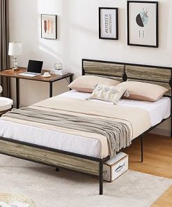 VECELO Heavy Duty Metal Full Bed Frame with Wooden Headboard and Storage