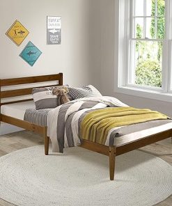 Mid Century Modern Solid Wood Platform Bed with Slat Headboard Twin