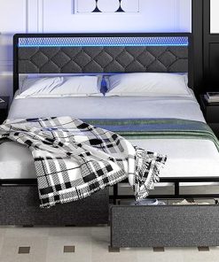 Queen Size Metal Bed Frame with 2 Drawers and LED Tufted Headboard