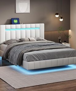 Queen Size LED Floating Bed with USB Charger Upholstered Frame