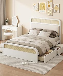 Queen Size Platform Bed Frame with Upholstered Headboard, Wood Rattan Bed Frame with Two Drawers and Pull Out Trundle for Bedroom Guest Room, Easy Assembly (White)