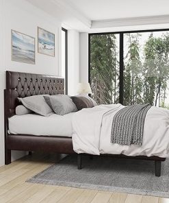 Queen Upholstered Bed Frame with Diamond Tufted Headboard in Brown
