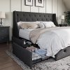 Beige Velvet Full Size Upholstered Bed Frame with Adjustable Headboard 4